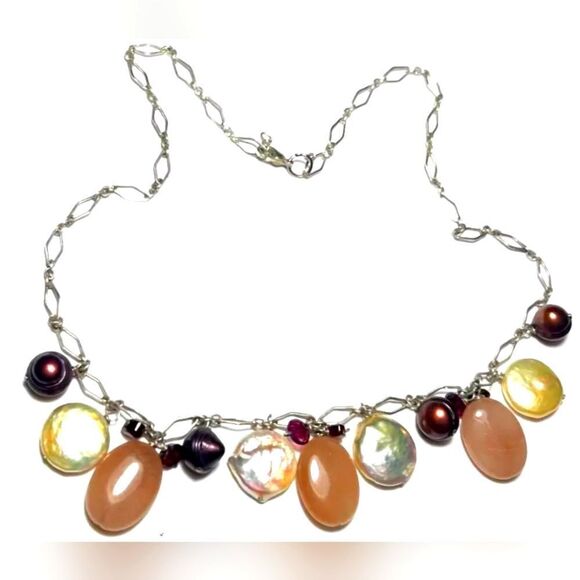 Vintage Necklace Silver Tone Chain MOP Glass Agate Purple Dangle 17.5" - Picture 1 of 2